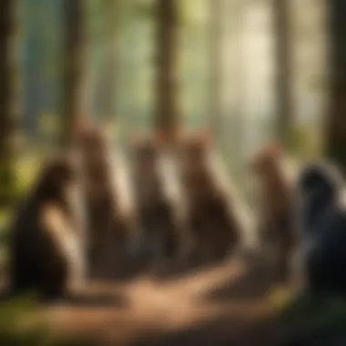 Clan Gathering: A Tension of Allegiances A detailed illustration of a clan gathering in the forest, showcasing the tension between different factions.