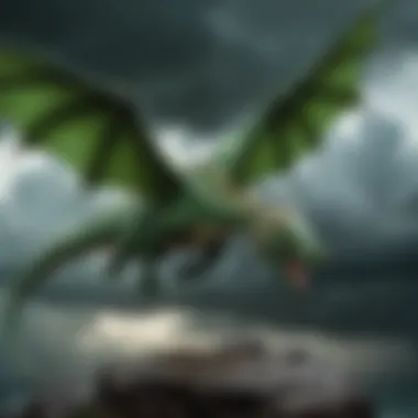 A fantastical representation of the Green Death Dragon soaring through a stormy sky.