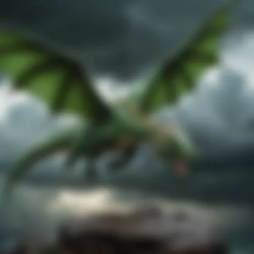 A fantastical representation of the Green Death Dragon soaring through a stormy sky.