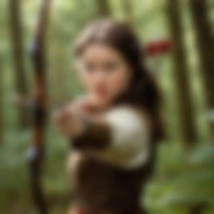 Susan Pevensie with her bow and arrow in a forest setting