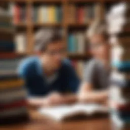 A thoughtful discussion between an adult and a child surrounded by books