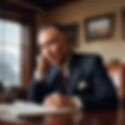 Portrait of J. Robert Oppenheimer in his study, reflecting on his scientific journey.