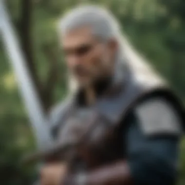 Geralt of Rivia in a striking pose showcasing his sword and demeanor