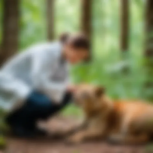 A veterinarian examining a wild animal in a lush forest setting