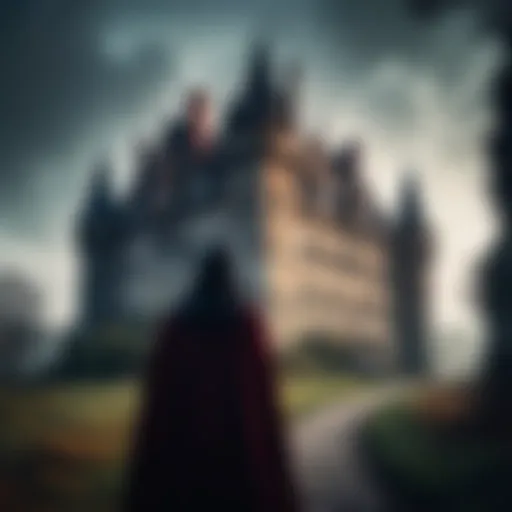 A gothic book cover featuring a mysterious castle and a shadowy figure