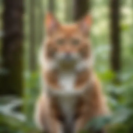 A majestic warrior cat poised for battle in a lush forest.