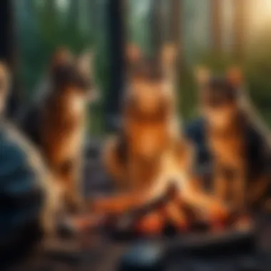 An engaging scene showcasing a gathering of warrior cats around a campfire