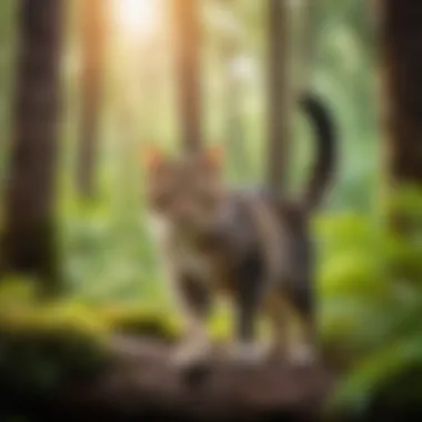 A mystical cat warrior in a forest setting, embodying strength and agility.