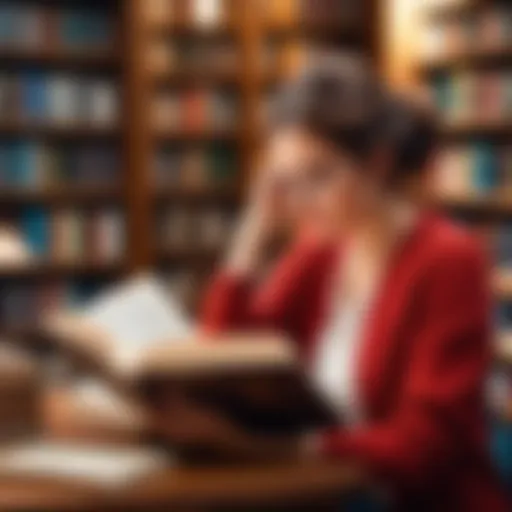 A person immersed in a book in a cozy library