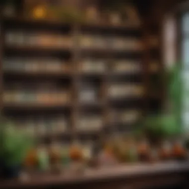 A display of herbal remedies and potions in a witch-themed boutique.