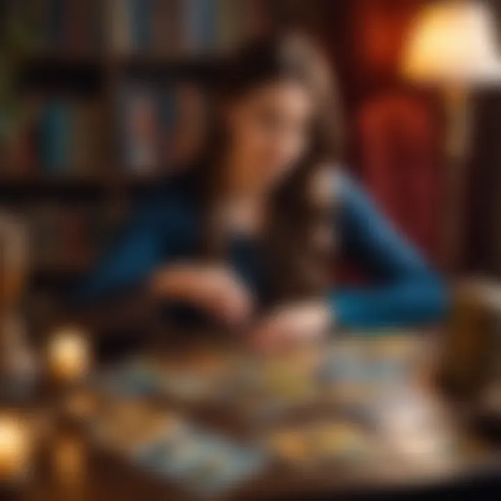 An enchanting scene showcasing a woman engaging with tarot cards in a serene environment