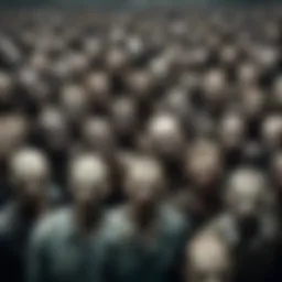 A haunting depiction of a horde of zombies standing together, showcasing their eerie unity.